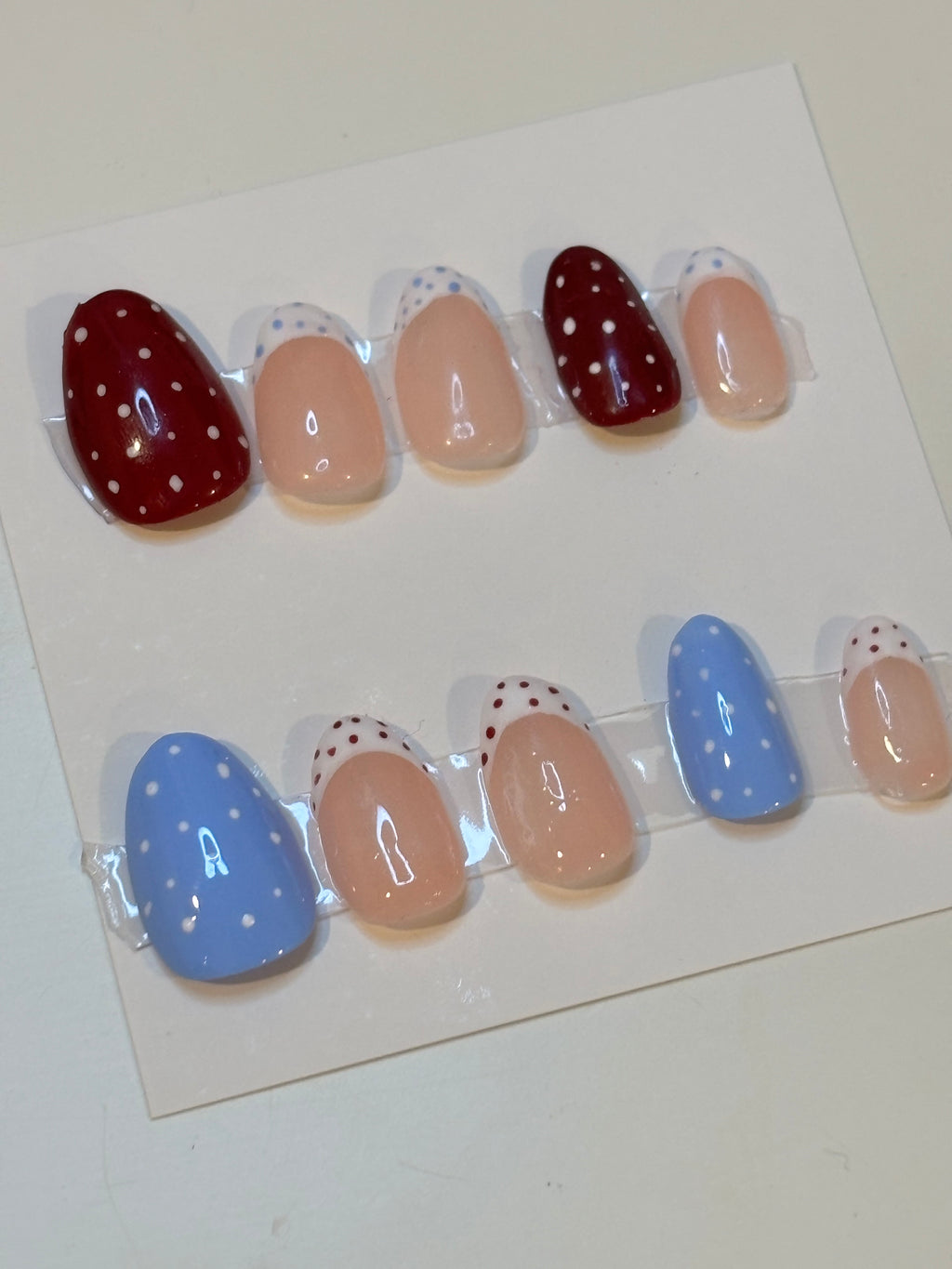 Cute red and blue polkadot nails