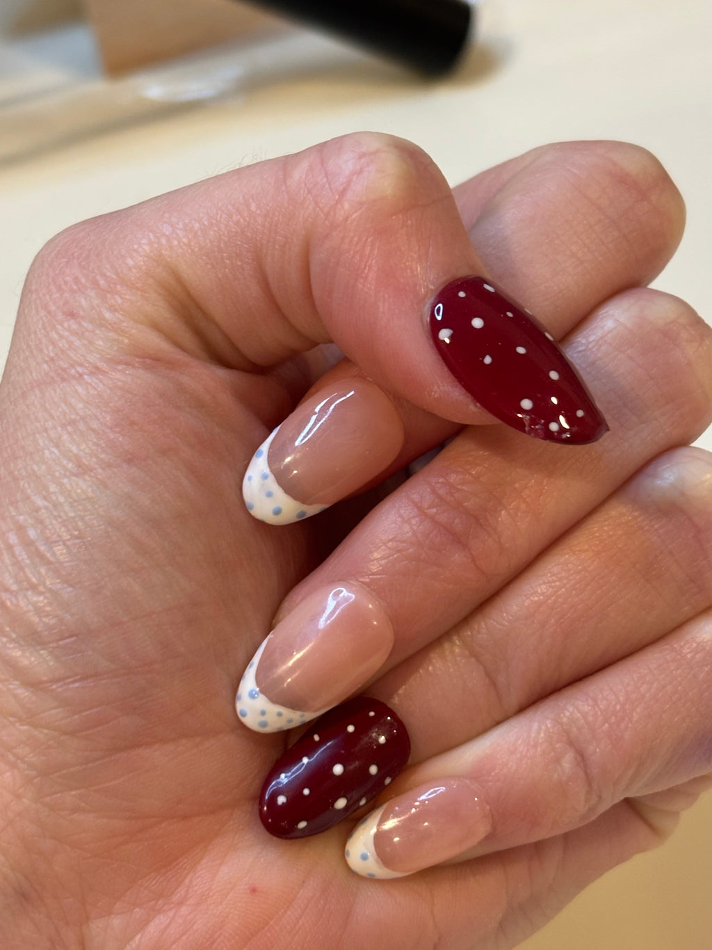 Cute red and blue polkadot nails